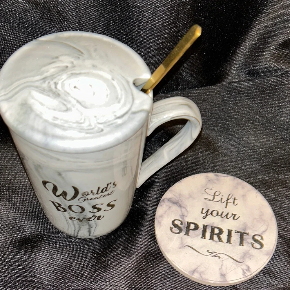 Source Unknown White Marble 'World's Greatest Boss Ever' Mug with Gold Accents
